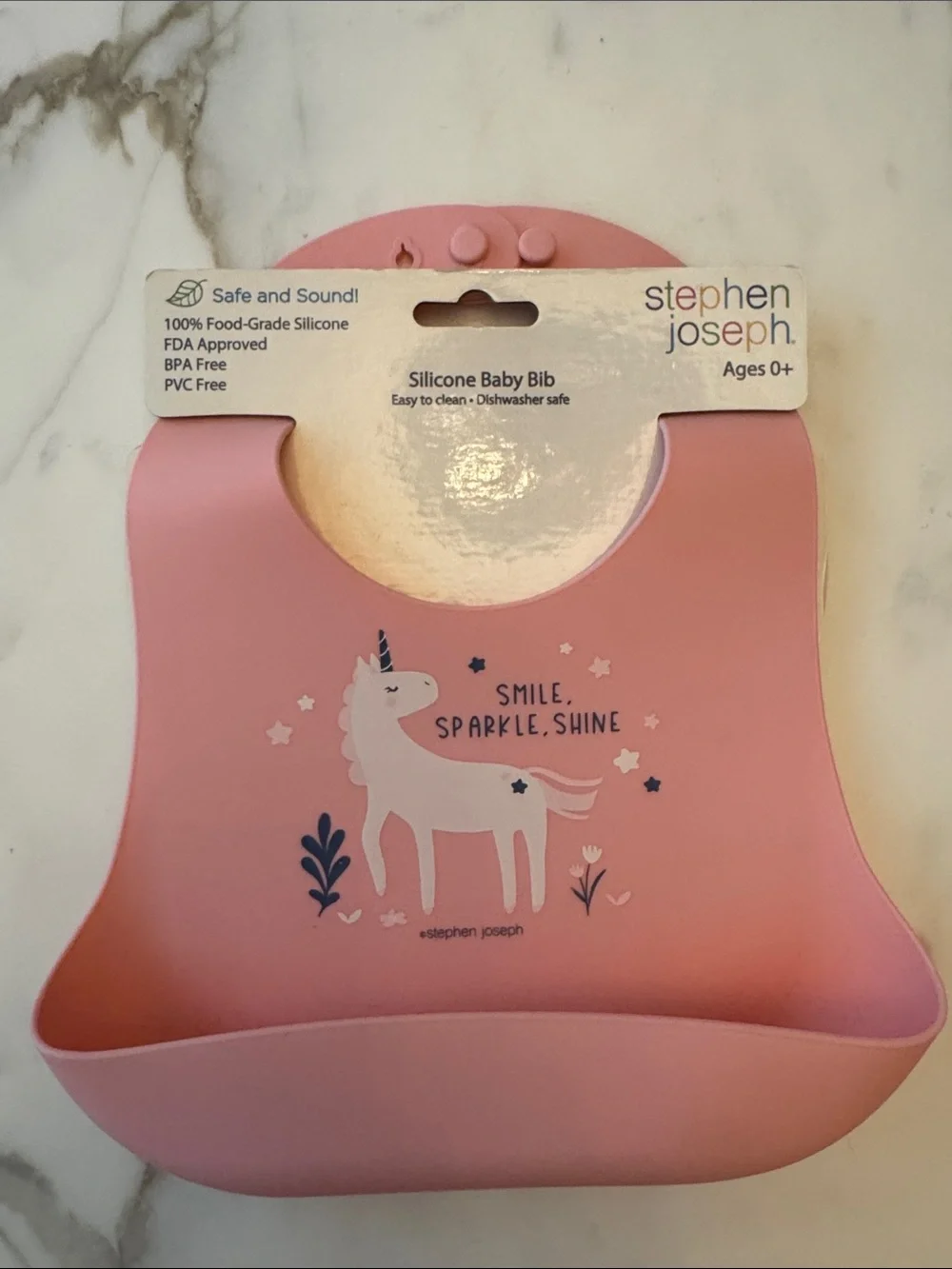 Stephen Joseph Pink Silicone Baby Bib with Unicorn Design